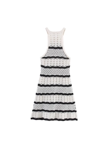 French style black and white striped knit halter dress with A-line silhouette for summer