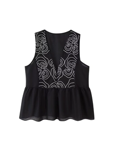 Women V Neck Sleeveless Peplum Blouse Fashion Embroidery Ruffle Hem Summer Streetwear Casual Solid Color Black Shirt Top