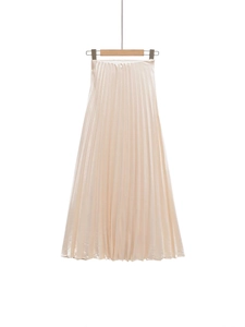 Elegant champagne satin pleated high waist maxi skirt for women with glossy finish