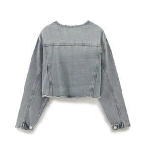Detailed back view of a light blue denim jacket with raw hem and round neck design