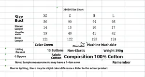 Detailed size chart for the green short sleeve dress showing XS to L dimensions