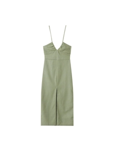 Robe Longue Maxi Femme Sexy Dos Nu Fendue Mélange Coton Col en V Taille Haute Vert Sauge Vacances Été
