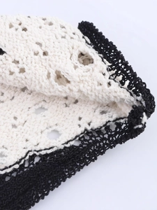 Slim fit French style knitted dress for women with black and white hollow crochet texture