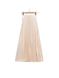 Elegant champagne satin pleated maxi skirt with high waist and smooth silky finish