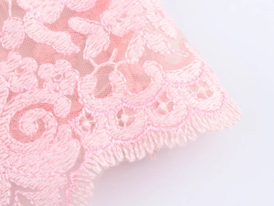 Detailed macro view of pink floral embroidery lace fabric with delicate scalloped edges