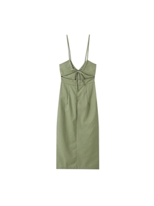 Robe midi dos nu vert sauge avec fines bretelles et nœud décoratif au dos