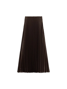 Elegant high-waist pleated A-line midi skirt in dark brown satin fabric with a glossy finish