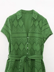 French style grass green dress with short sleeves, collar and lace embroidery details