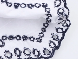 Gros plan d'une chemise en popeline blanche avec broderie bleu foncé et détails ajourés