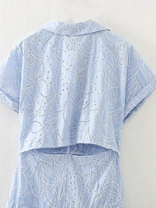 Detail van lichtblauwe blouse met korte mouwen, broderie anglaise en open rug