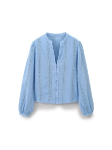 Women V-Neck Eyelet Embroidery Shirt Long Sleeve Cotton Blend Hollow Out Blouse Lantern Sleeve Button Up Summer Casual Top