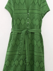 Green short sleeve eyelet embroidery dress with V-neck and button front design