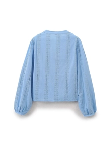 Women's light blue long sleeve V-neck shirt with hollow eyelet embroidery and loose fit style