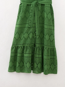 French style green hollow embroidery shirt dress with waist belt and ruffled hemline