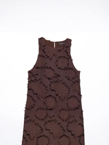Robe mini d'été 2025 sans manches pour femme en tissu texturé marron foncé à col rond