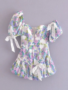 French Vintage Floral Puff Sleeve Mini Dress Women Sexy Off Shoulder Bow Lace Backless Summer Short Sleeve Ruffle Hem Dress