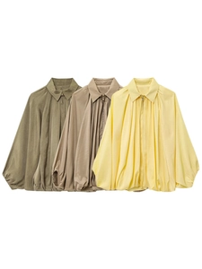 Women Fashion Pleated Bomber Jacket Loose Lapel Balloon Sleeve Zipper Lightweight Satin Texture Outwear Coat For Casual Daily Street