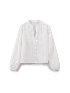 Women's white long sleeve V-neck shirt with eyelet embroidery and lantern sleeves