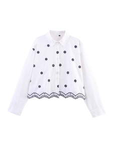 Chemise en Popeline à Broderie Florale pour Femmes Revers Manches Longues Simple Boutonnage Blanc Bord Festonné Top Blouse