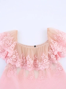 Pink mesh layered off-shoulder top featuring floral lace embroidery and sweet ruffles