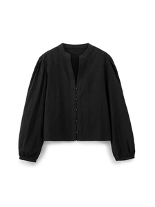Women's black V-neck long sleeve shirt with eyelet embroidery and button-up front detail