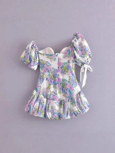 French vintage floral off-shoulder mini dress with puff sleeves and bow detail