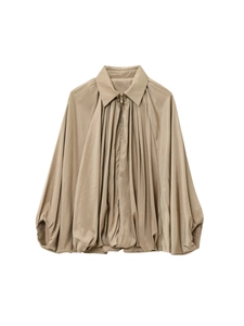 Fashionable oversized khaki bomber jacket with lapel collar and lantern sleeve silhouette