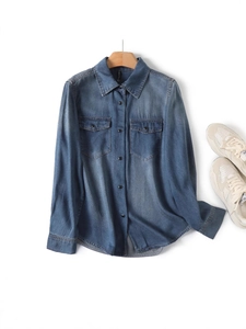 Women Vintage Long Sleeve Denim Shirt 100% Tencel Lapel Loose Fit Washed Blue Casual Blouse Top With Chest Pockets