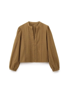 Mustard brown V-neck shirt with eyelet embroidery and puff sleeves on white background