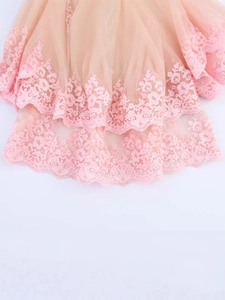Fashionable summer mesh layered off-shoulder crop top with floral embroidery details