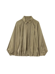 Olive green satin puffer flight jacket with lapel collar and pleated front details
