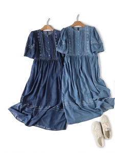 Women Vintage Ethnic Embroidery Tencel Denim Midi Dress Round Neck Short Puff Sleeve Pintuck Denim Long Skirt For Spring