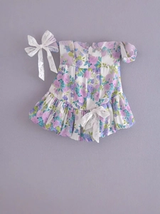 French vintage floral puff sleeve off-shoulder dress for toddler girls with lace bow accent