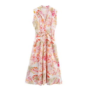 Robe longue d'été pour femmes avec col en V sans manches et imprimé floral tropical