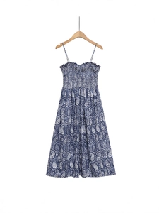 Blue and white paisley print summer midi dress with backless spaghetti straps