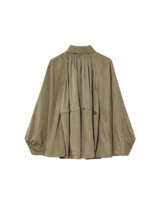 Women's olive green satin puff sleeve jacket with oversized silhouette and pleated back