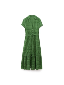 Women French Style Hollow Embroidery Short Sleeve Shirt Dress With Belt Summer Cotton Green Midi Ruffle Hem Tiered Dress