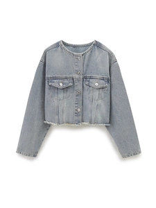 Women Casual Cotton Blend Denim Jacket Round Neck Raw Hem Single Breasted Long Sleeve Cropped Jean Jacket Fashion Outerwear