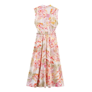 Robe longue femme à col en V avec imprimé floral tropical et taille haute élastique