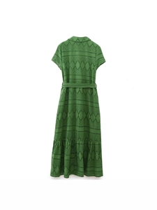 Grass green eyelet embroidery short sleeve shirt dress with collar and waist belt