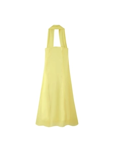 Women Sexy Yellow Halter Neck Backless Maxi Dress Satin Look Polyester Scarf Collar Slim Fit Sleeveless A-Line Long Dress