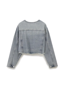 Light blue raw hem denim jacket with round neck and back yoke seam on white background
