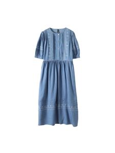 Vintage blue denim midi dress with white ethnic embroidery and button-front design