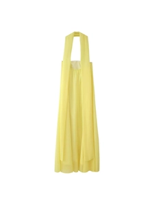 Elegant bright yellow bodycon maxi dress with halter neckline and long decorative streamers