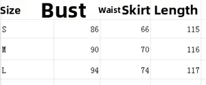 Size chart showing bust, waist, and length measurements for the embroidered dress