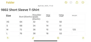 Detaillierte Größentabelle für figurbetontes Kurzarm-T-Shirt mit Maßen für XS bis L