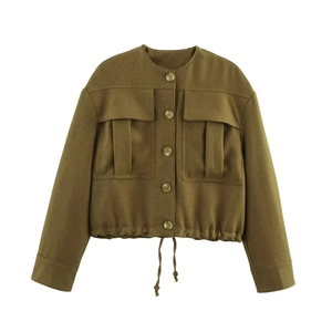 Women Casual Olive Green Utility Jacket Round Neck Single Breasted Solid Cropped Bomber Jacket With Cargo Pockets Drawstring