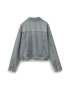 Back view of a vintage light blue washed denim jacket in a loose cropped style