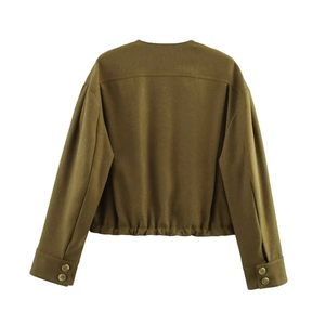 Olive brown short bomber jacket for women featuring round neck and elastic hem back view