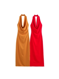 Abito Maxi in Raso con Scollo a Cappuccio all'Americana Donna Sexy Schiena Scoperta Spacco Alto Slim Fit Sera Festa Formale